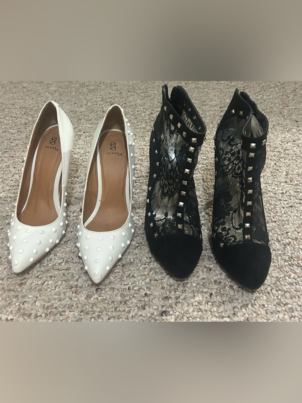 Seychelles White Studded Pointed Pump & Black Lace Studded Bootie Duo